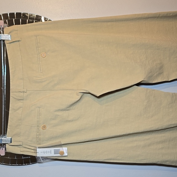 Theory Emery T Linen Rayon Stretch Crunch Khaki High-Waist Wide-Leg Trousers - Picture 9 of 16